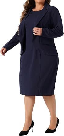 Navy plus-size blazer and sleeveless dress set — closest brown-trim blazer-dress match, sizes 1X–5X