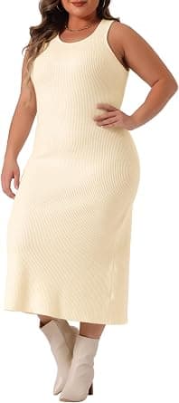 Beige sleeveless knit sheath dress — plus sizes 1X–4X