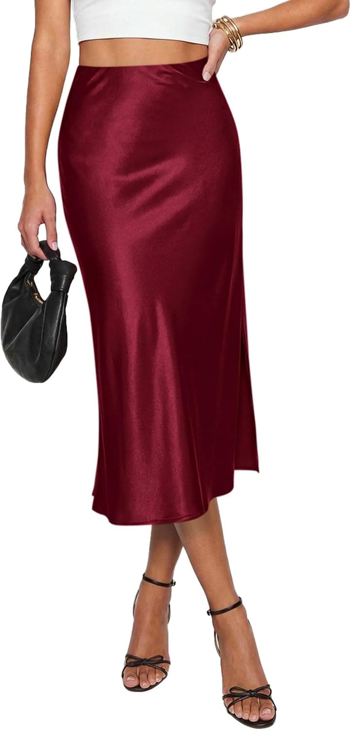 Burgundy satin slip midi skirt β closest exact silhouette/color match, sizes SβXXL (not explicitly plus)