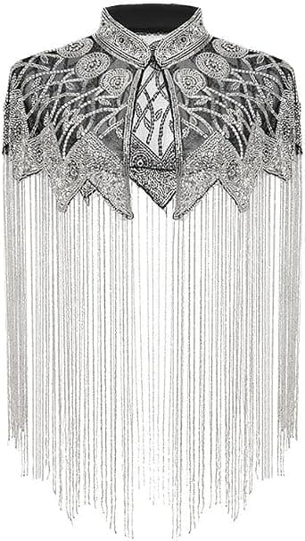 Silver beaded shoulder fringe cape — one size