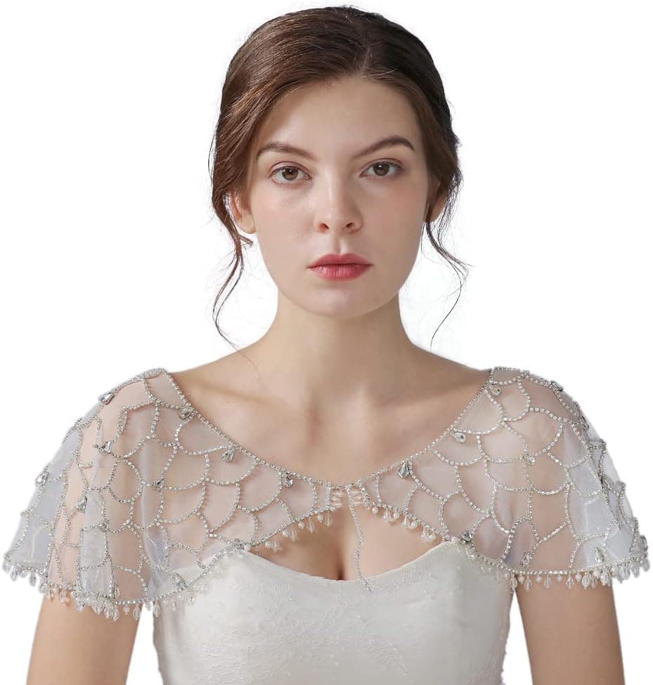 Silver rhinestone mesh shoulder bolero — up to 2X