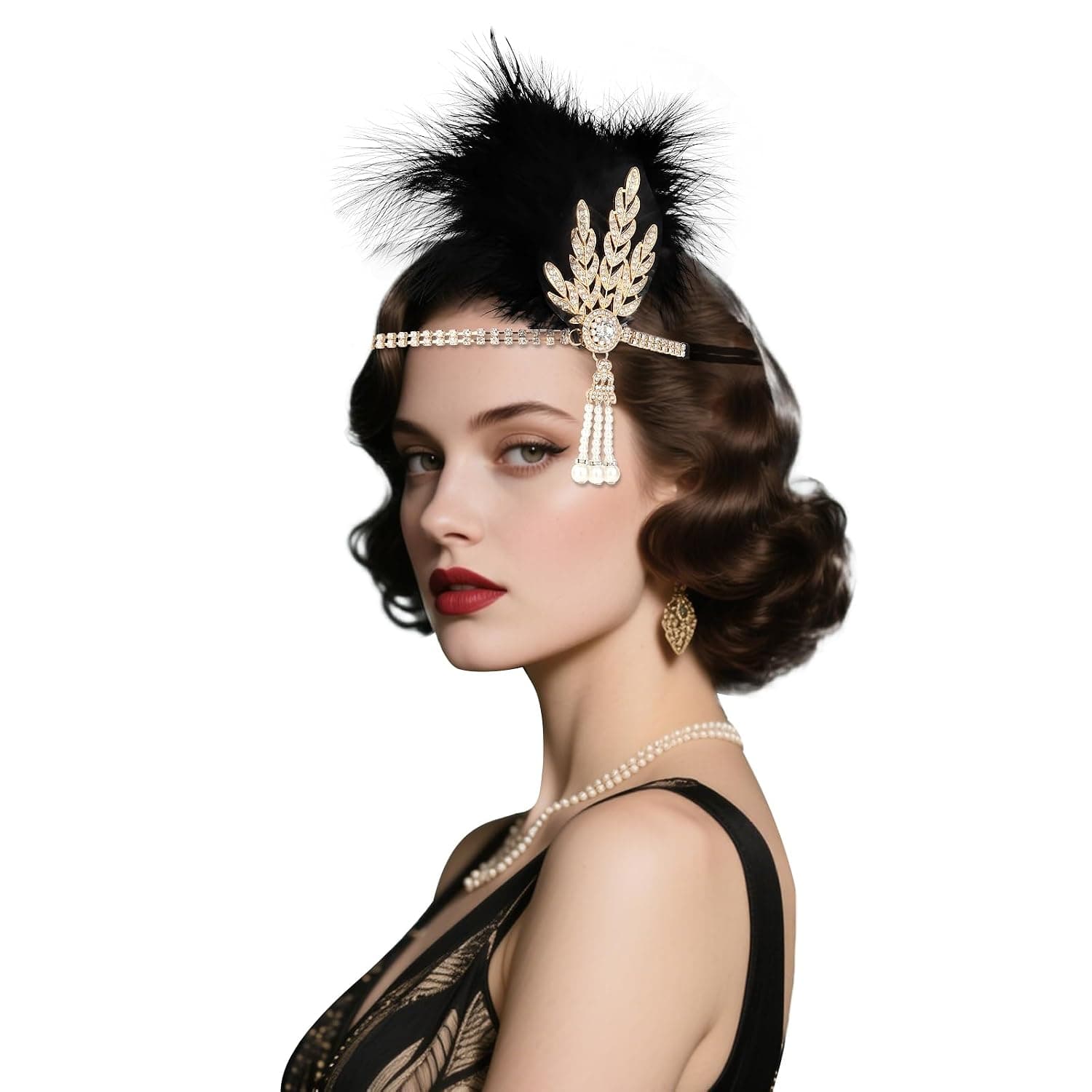 Black-gold 1920s feather rhinestone headpiece
