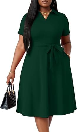 Green plus-size belted dress — closest collared shirt-dress match, XL–5XL