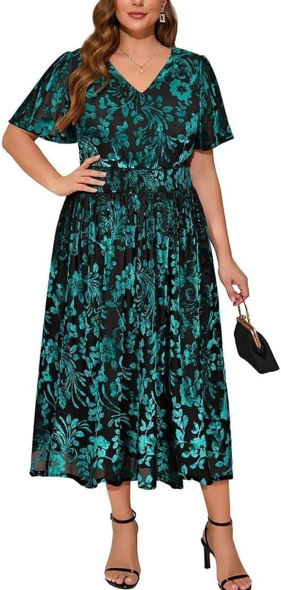Black velvet plus-size maxi dress — up to 5XL (green-floral black variant)