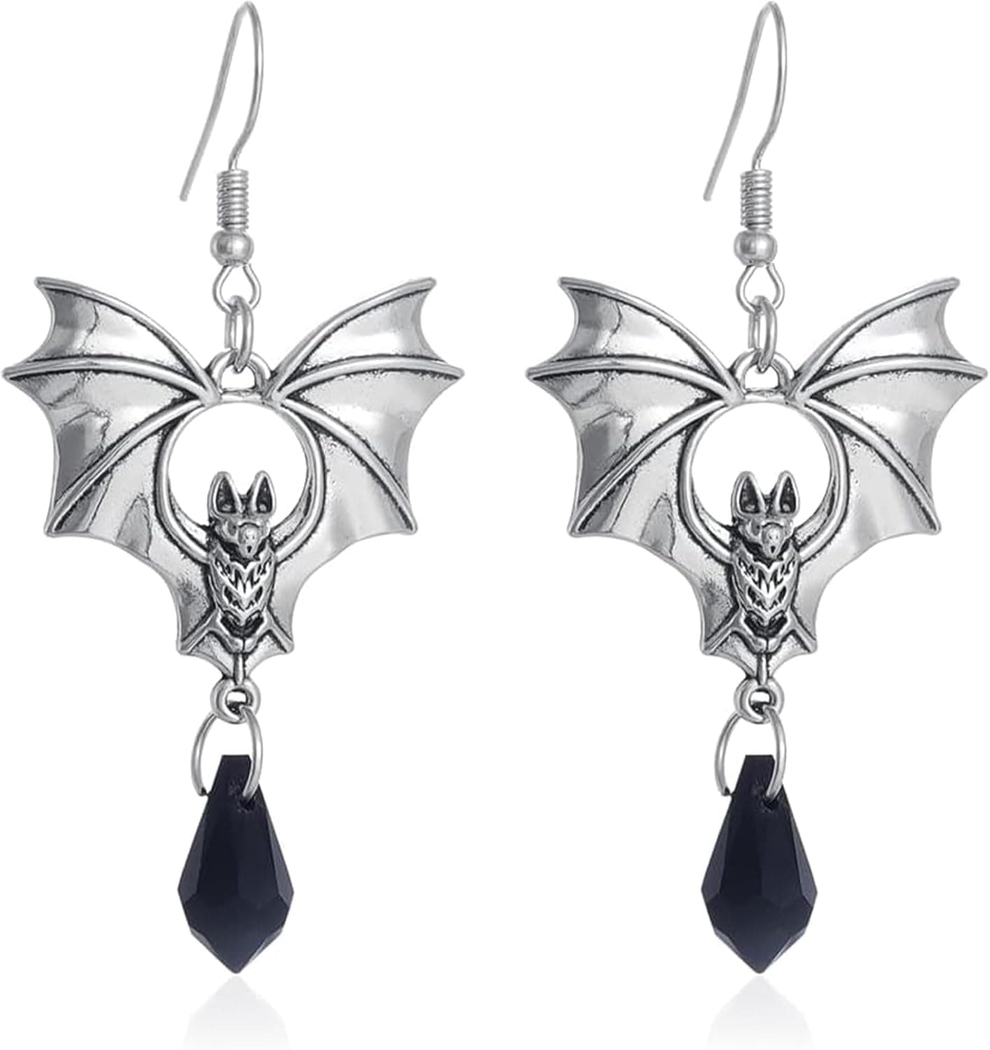 Black-and-silver bat drop earrings