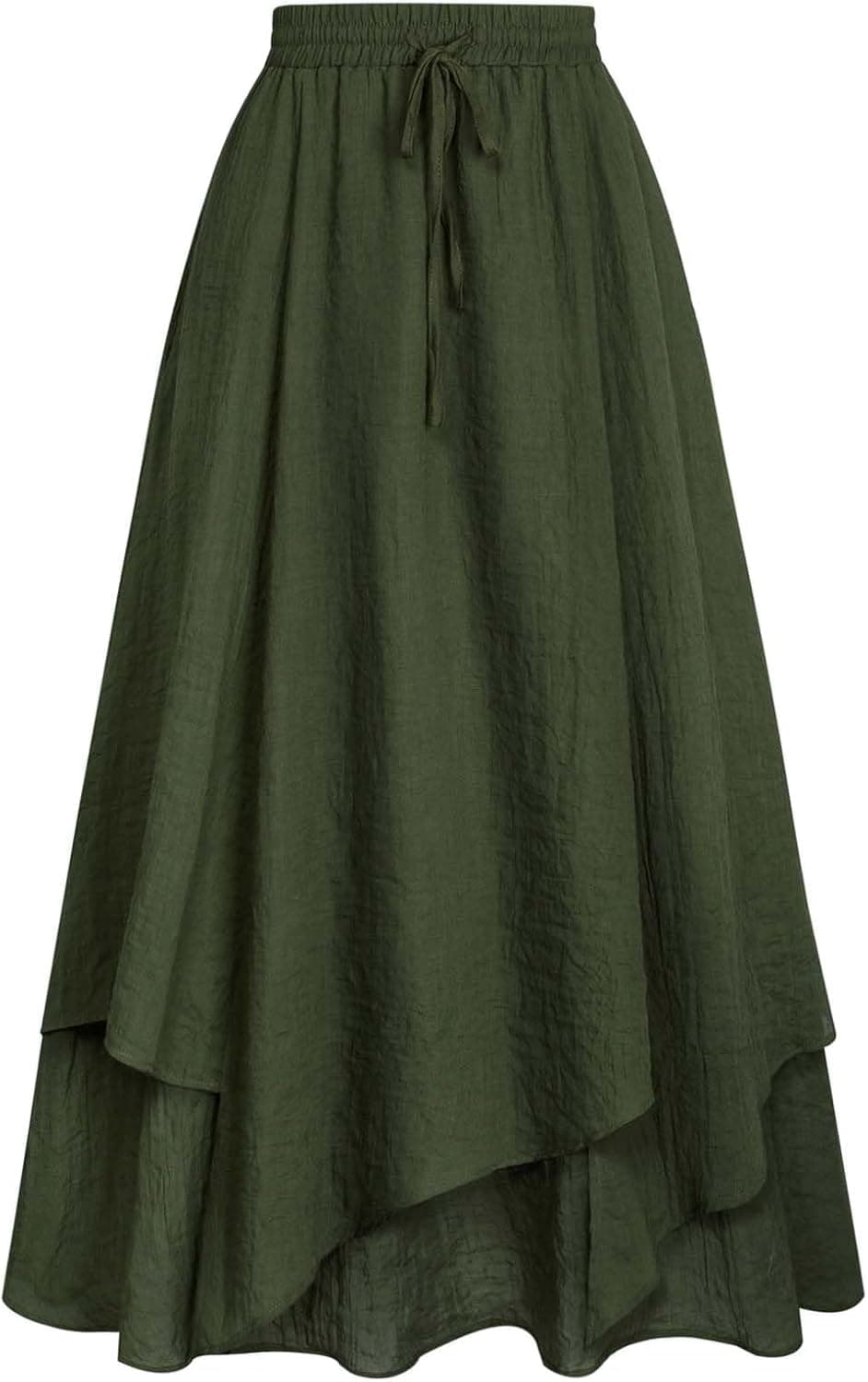Olive-green layered A-line maxi skirt — up to 2X