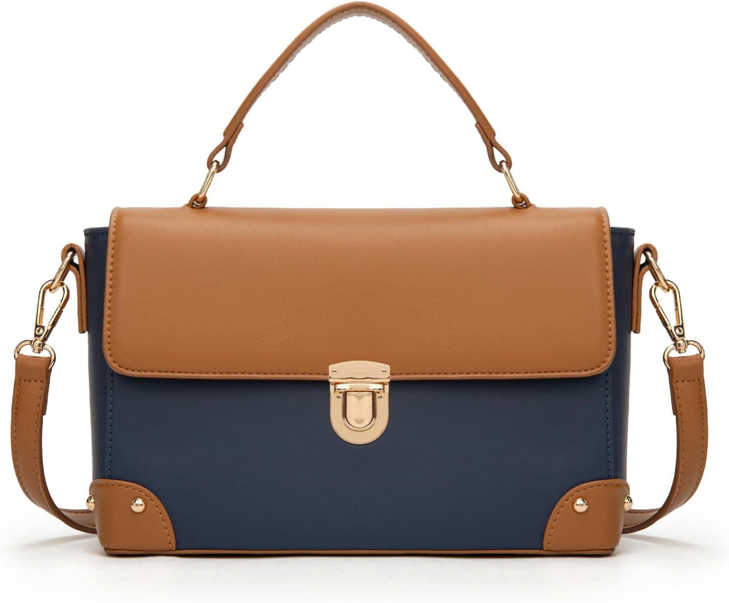 Navy structured top-handle handbag with brown straps β closest source bag match