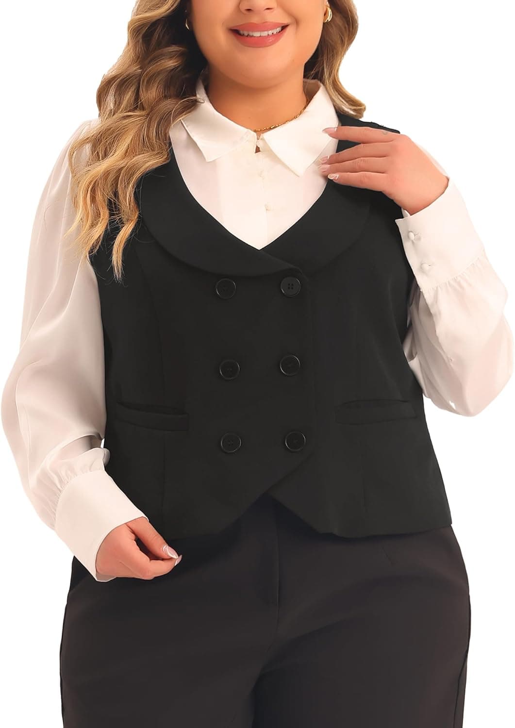 Black plus-size double-breasted waistcoat — 1X–4X