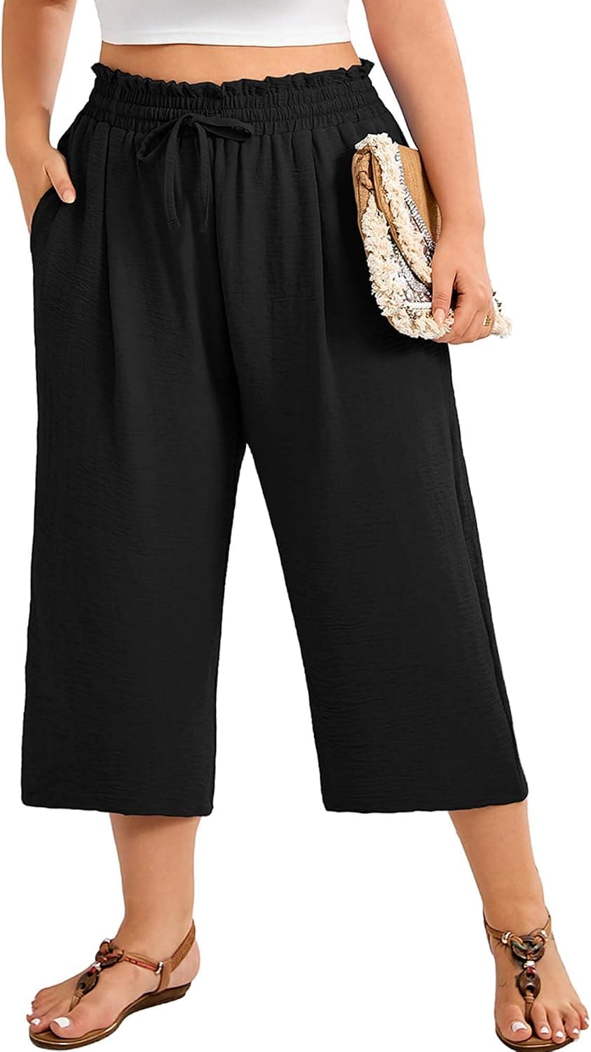 Black plus-size cropped wide-leg trousers — up to 5X