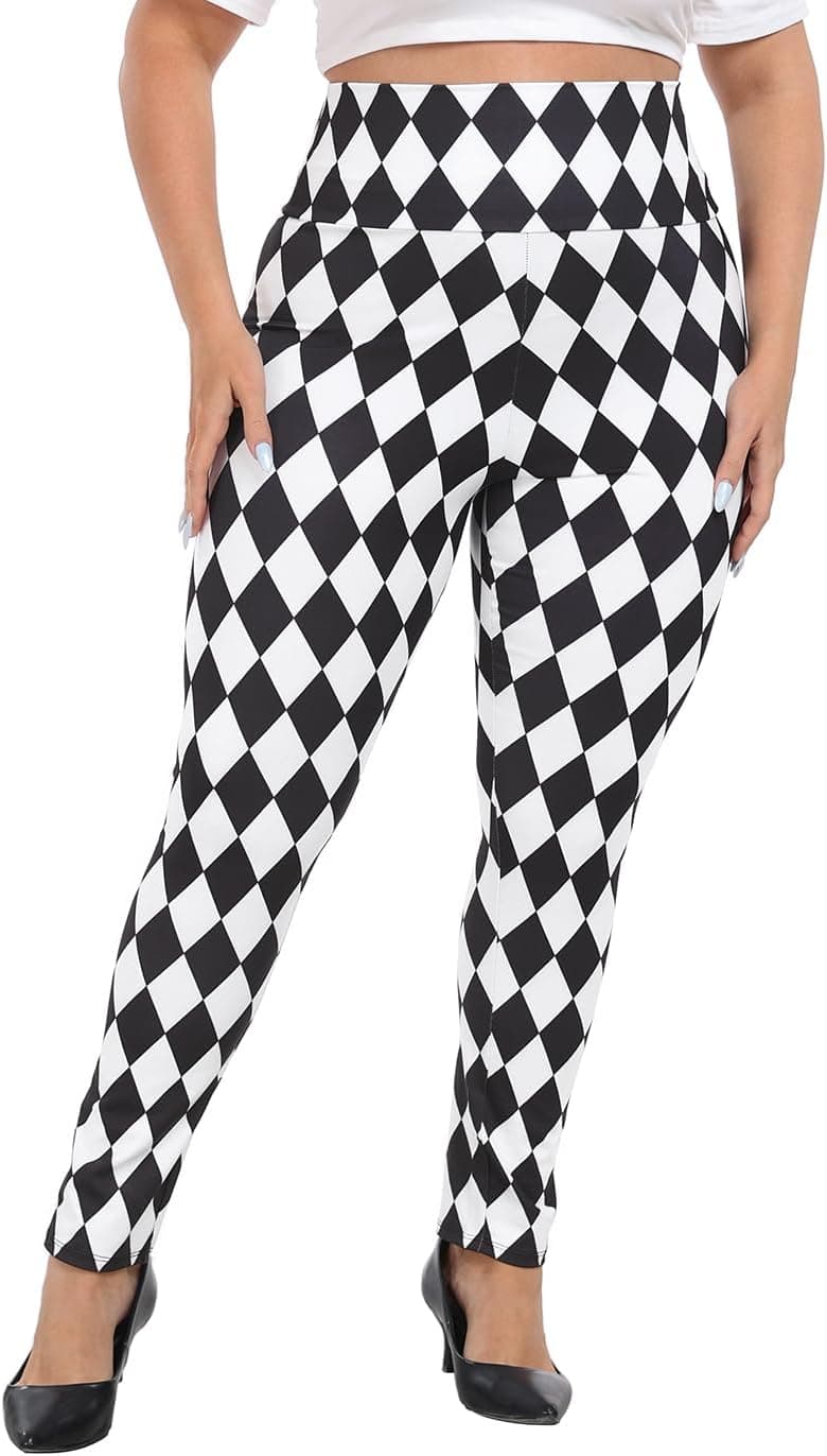 Black-and-white diamond harlequin pants — up to 4X