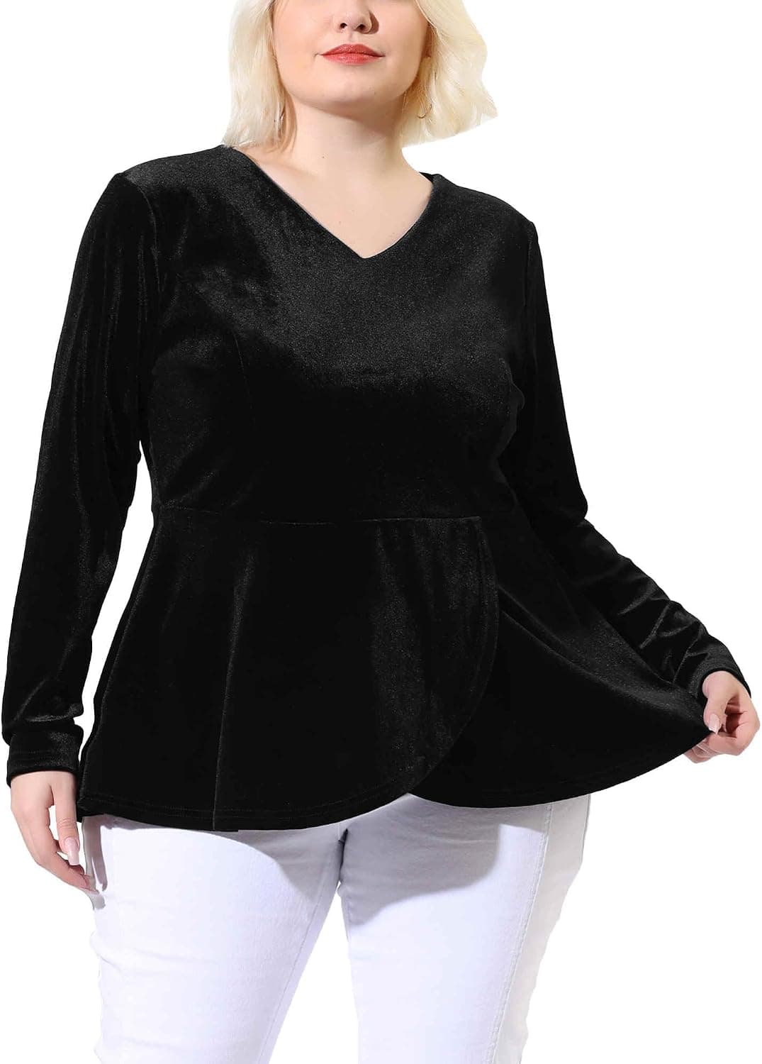 Black plus-size velvet long-sleeve top — up to 4X