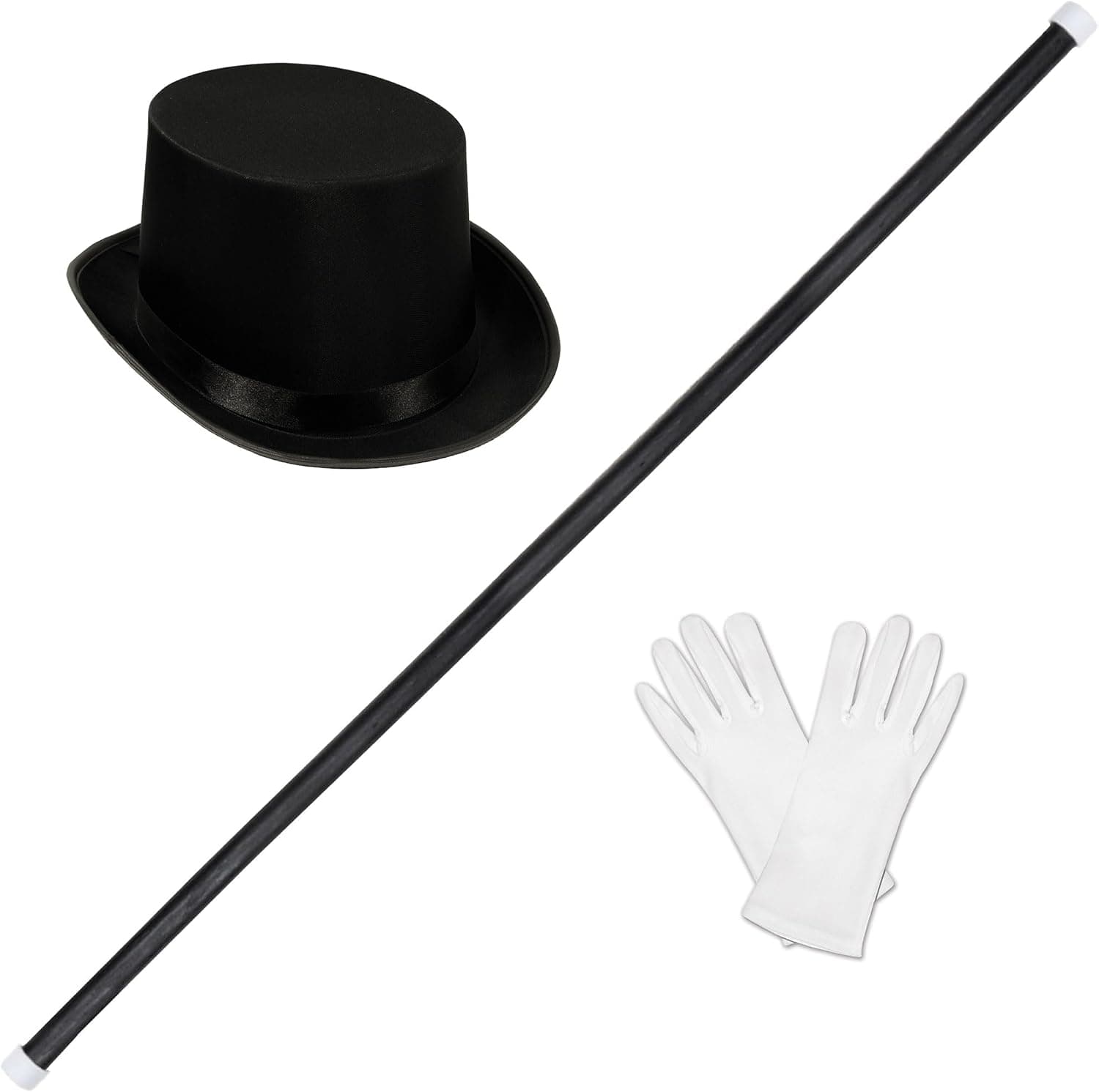 Black top hat, white gloves and cane bundle
