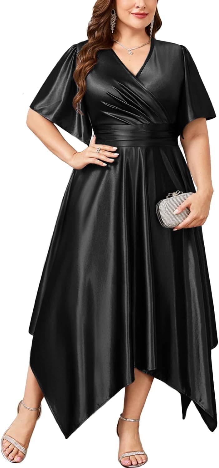 Black plus-size satin formal gown — up to 4X