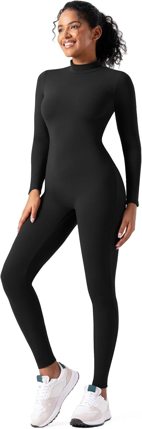 Black high-neck unitard — plus-size options