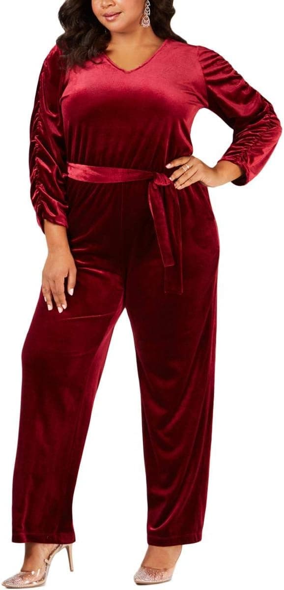 Red velvet plus-size belted jumpsuit — up to 3X