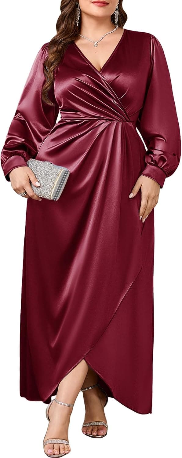 Burgundy plus-size satin formal gown — up to 4X