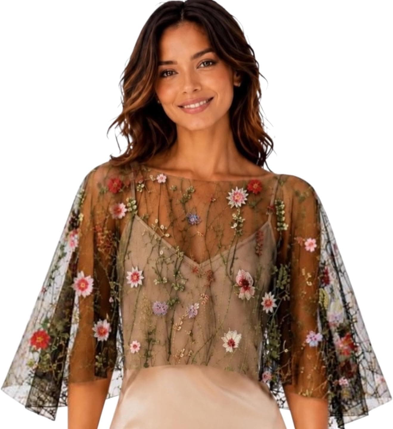 Black sheer floral embroidered capelet — closest botanical panel match