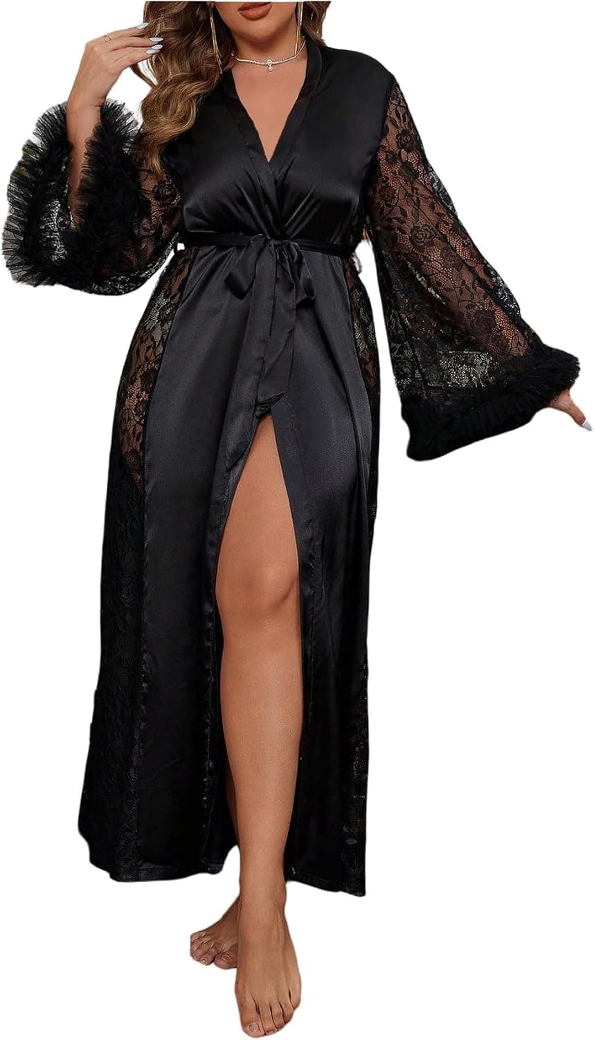 Black plus-size sheer-lace kimono robe — up to 4X