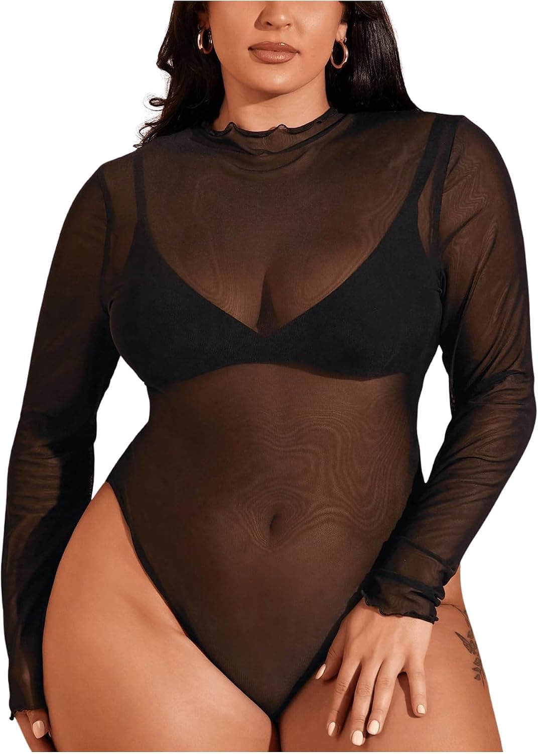 Black plus-size sheer mesh long-sleeve bodysuit β sizes XL Plusβ4XL Plus