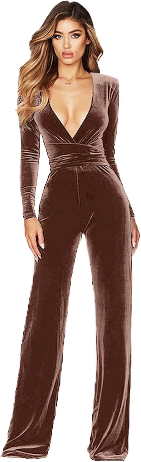 Brown velvet plus-size wide-leg jumpsuit — up to 3X