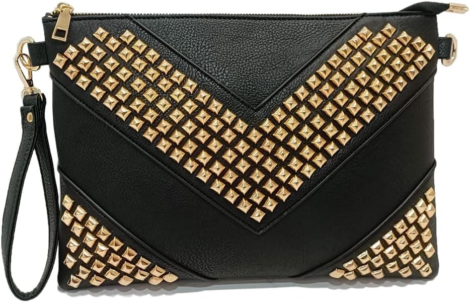 Black-and-gold studded envelope clutch β closest studded-bag match