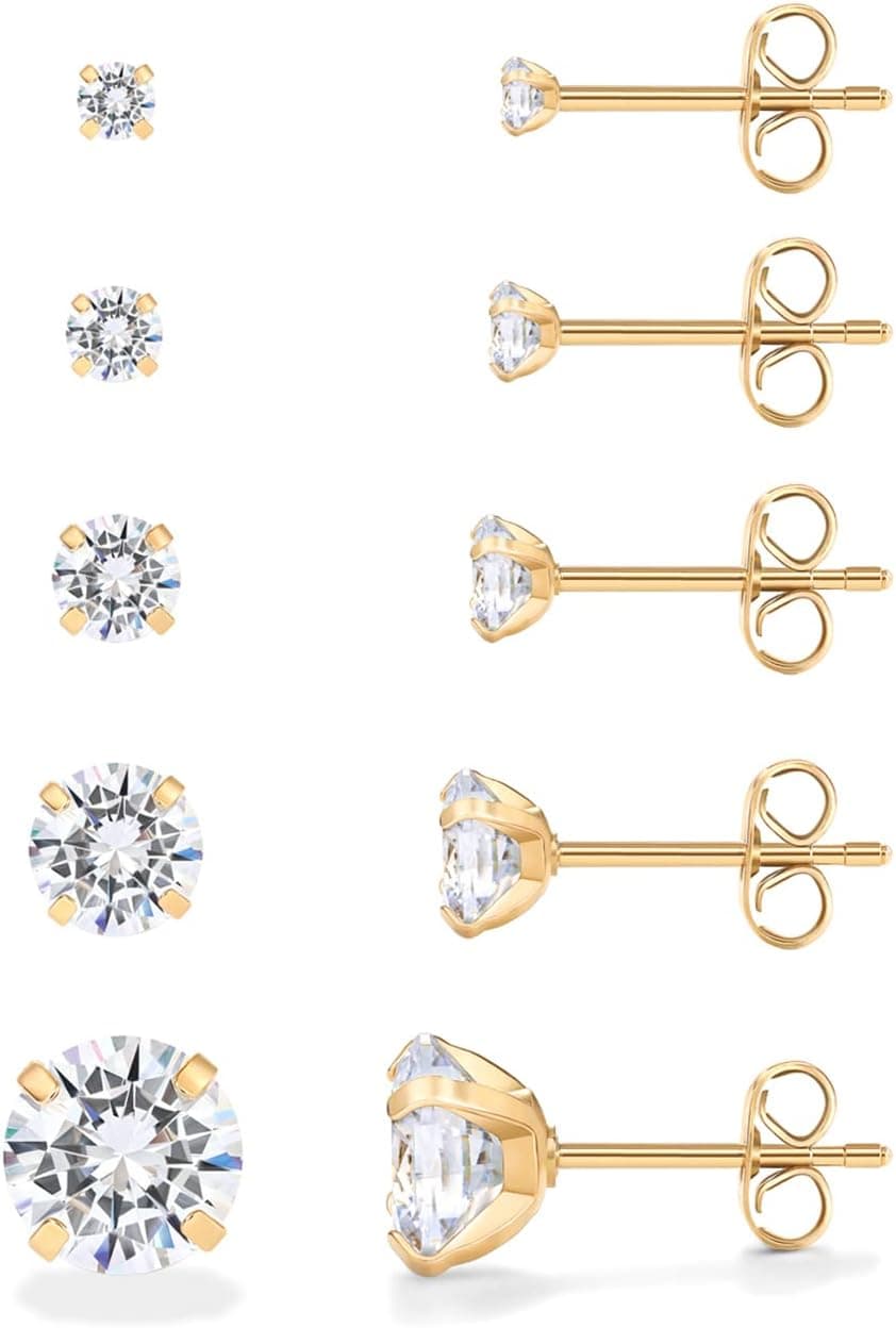 Yellow-gold CZ stud earrings β 14K gold plated, set of 5