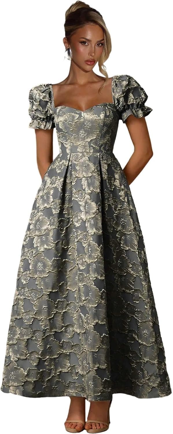 Grey satin plus-size puff-sleeve gown — through 26 Plus