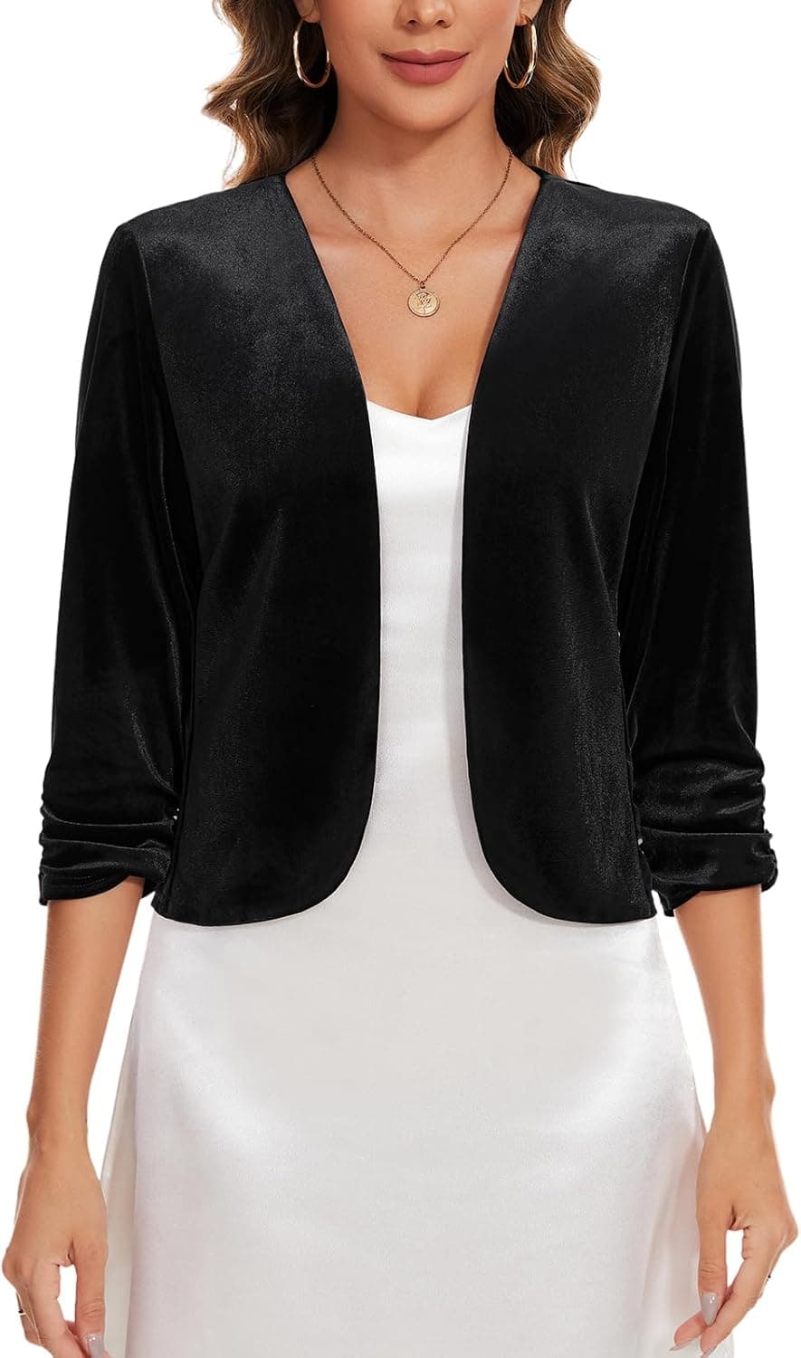 Black cropped velvet blazer/cardigan β sizes SβXXL; closest cropped layer (not explicitly plus)