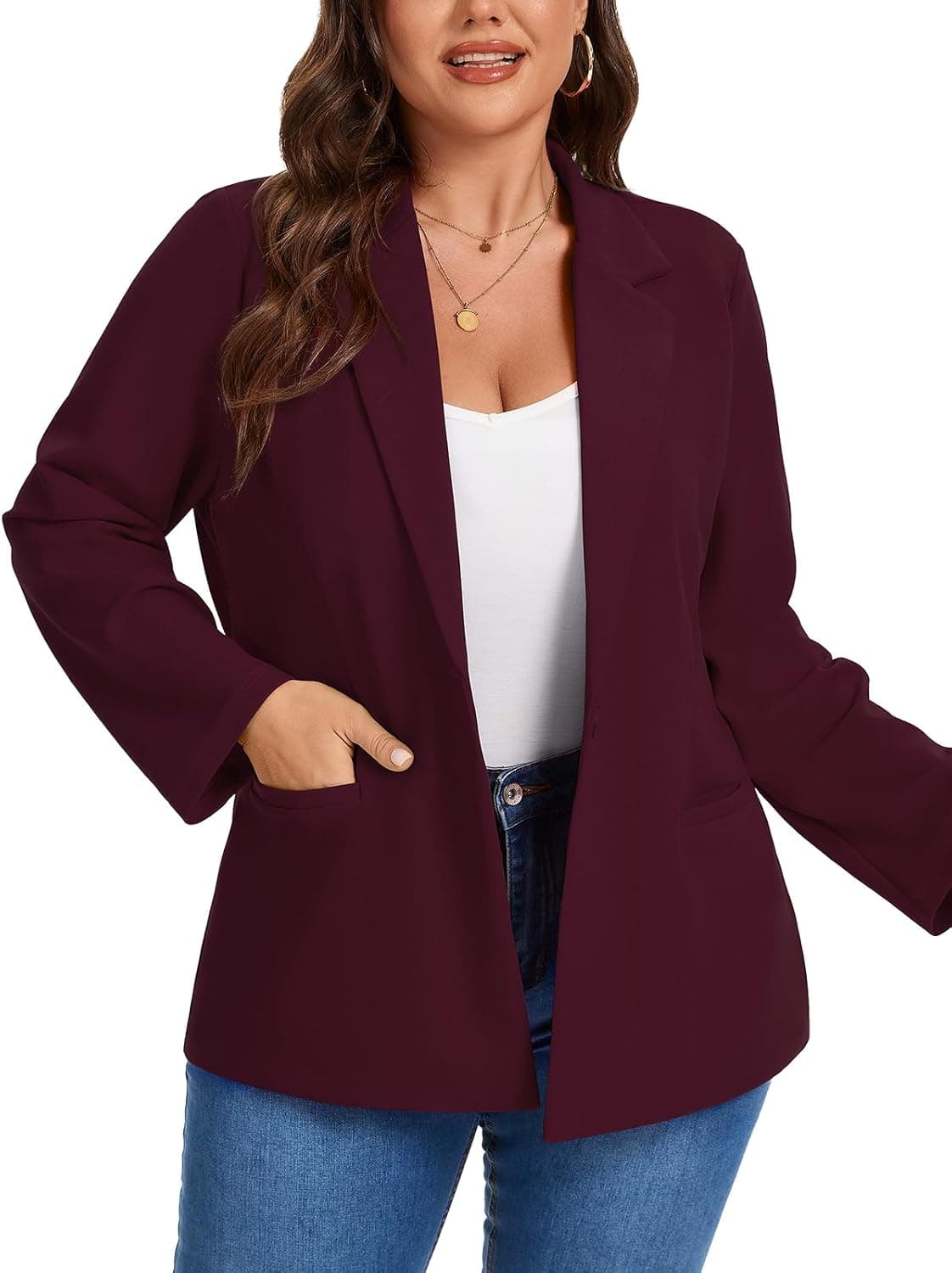 Wine-red plus-size blazer β closest maroon cropped-layer match, sizes XLβ5XL; longer than source crop