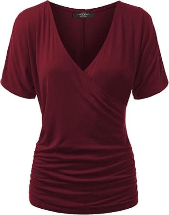 Wine V-neck wrap-drape short-sleeve top — sizes XL–3X