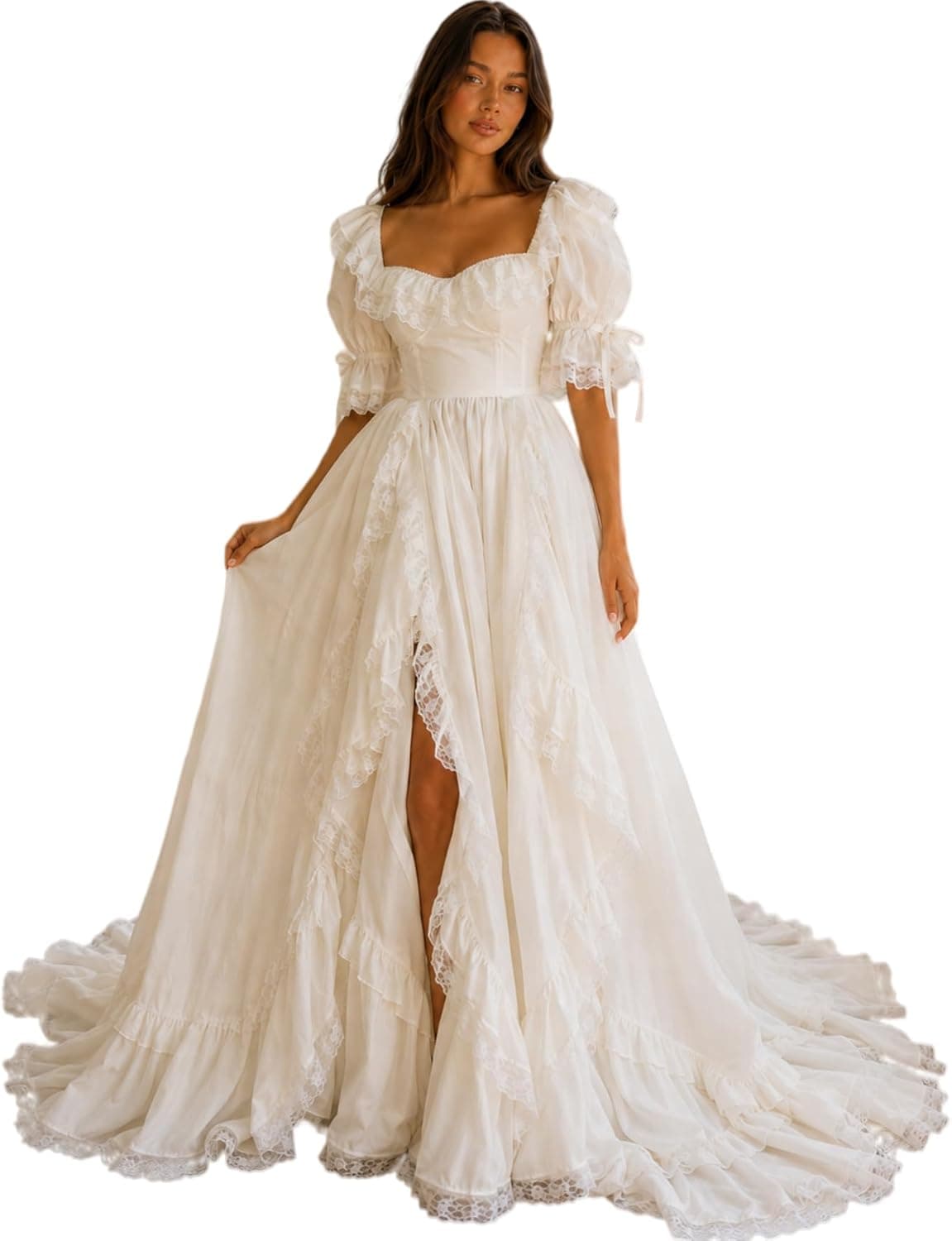 Ivory vintage puff-sleeve lace dress — through size 26