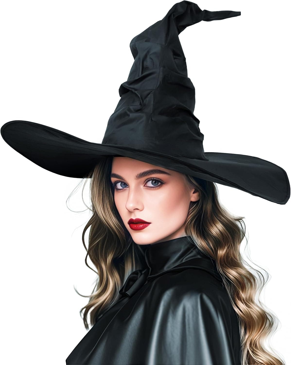 Black ruched wide-brim witch hat