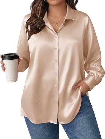Champagne satin button-down blouse — plus sizes 1X–5X