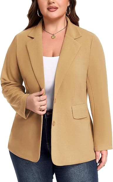 Light-camel plus-size blazer — closest textured-blazer match, up to 4X