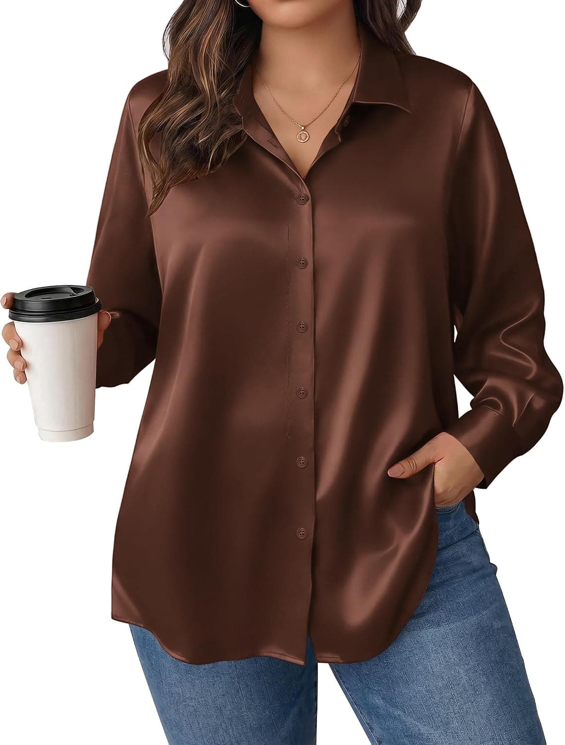 Rust-brown satin plus-size blouse — up to 5X