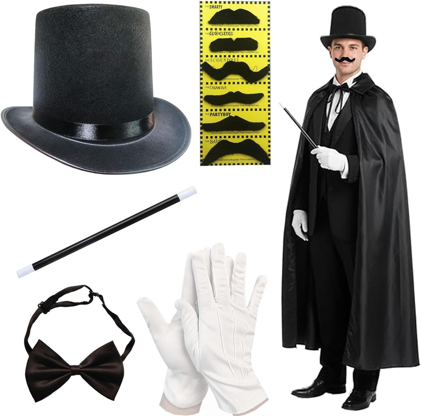 Magician top hat, bow tie and white gloves set