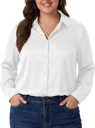 White soft-satin button-down blouse — plus sizes 1X–5X