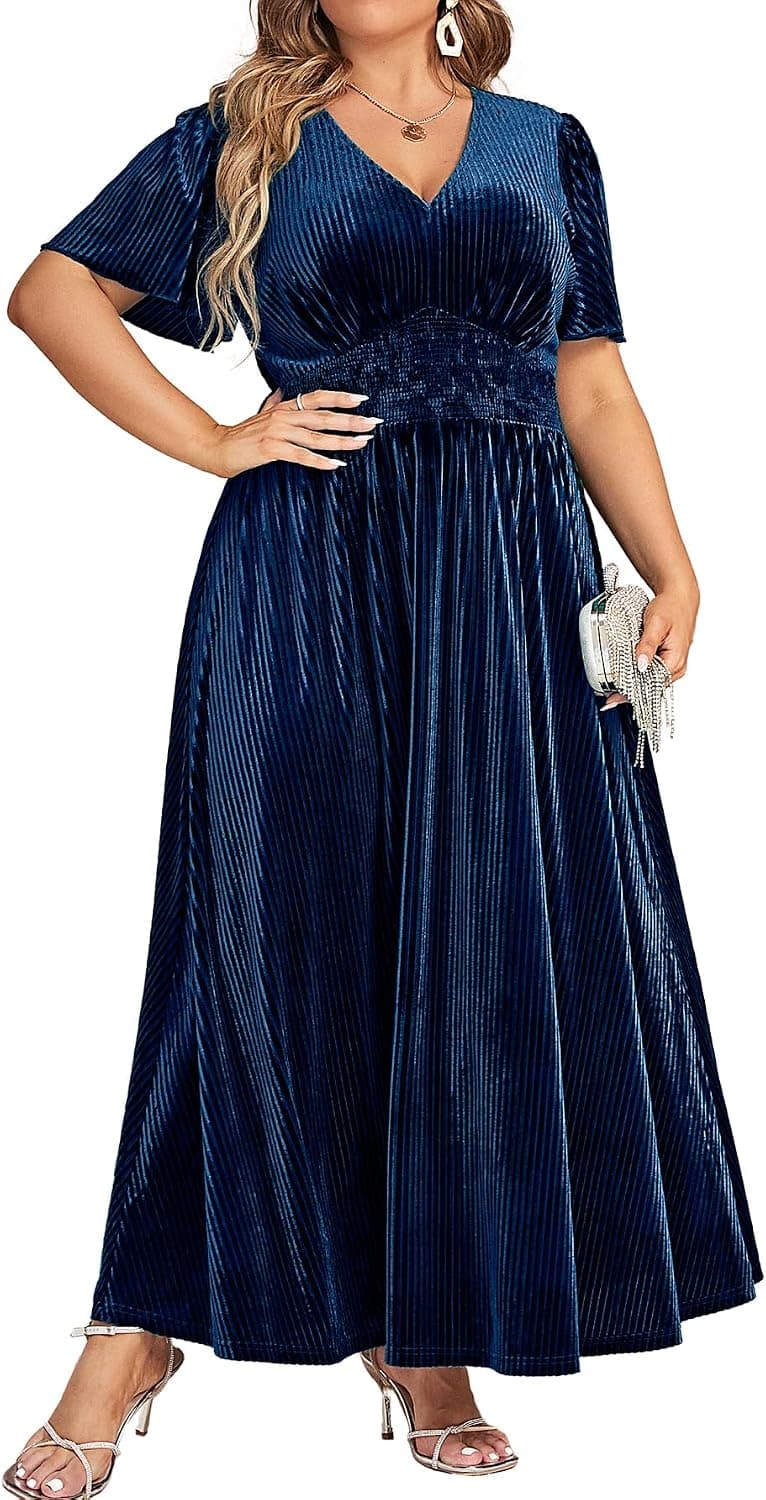 Navy-blue plus-size velvet A-line dress — up to 4X