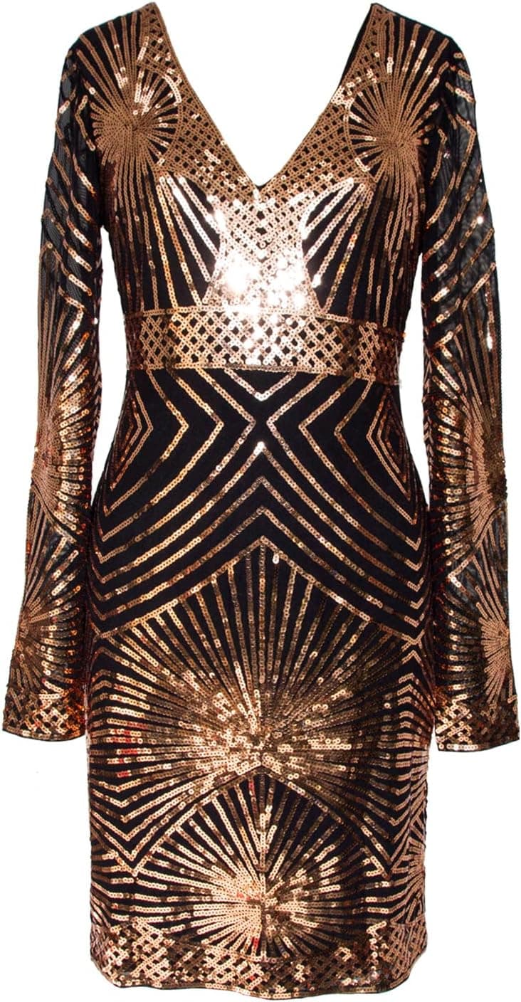 Rose-gold/black geometric sequin long-sleeve midi β closest fitted match, sizes Sβ3XL