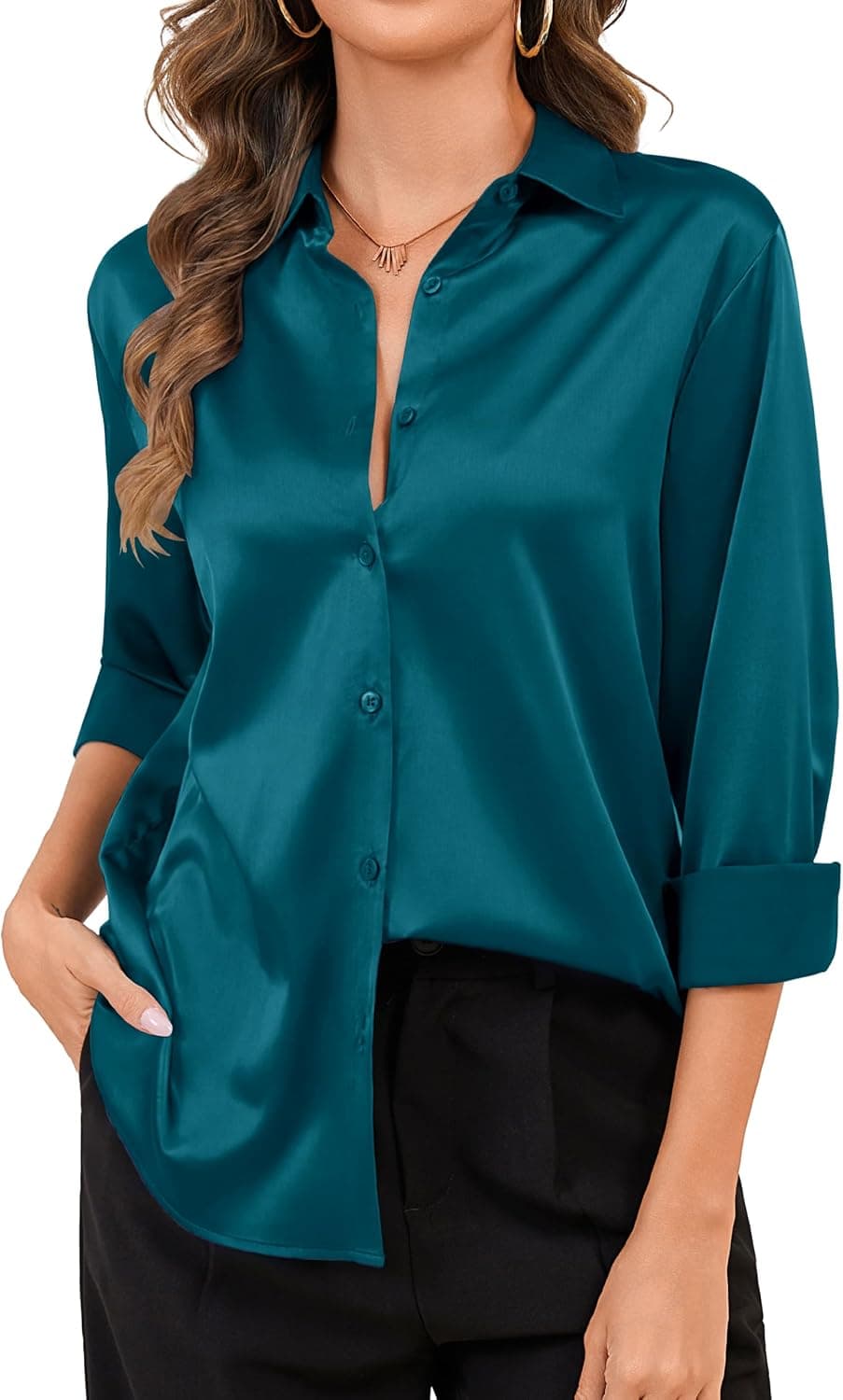 Teal satin plus-size blouse — up to 4X