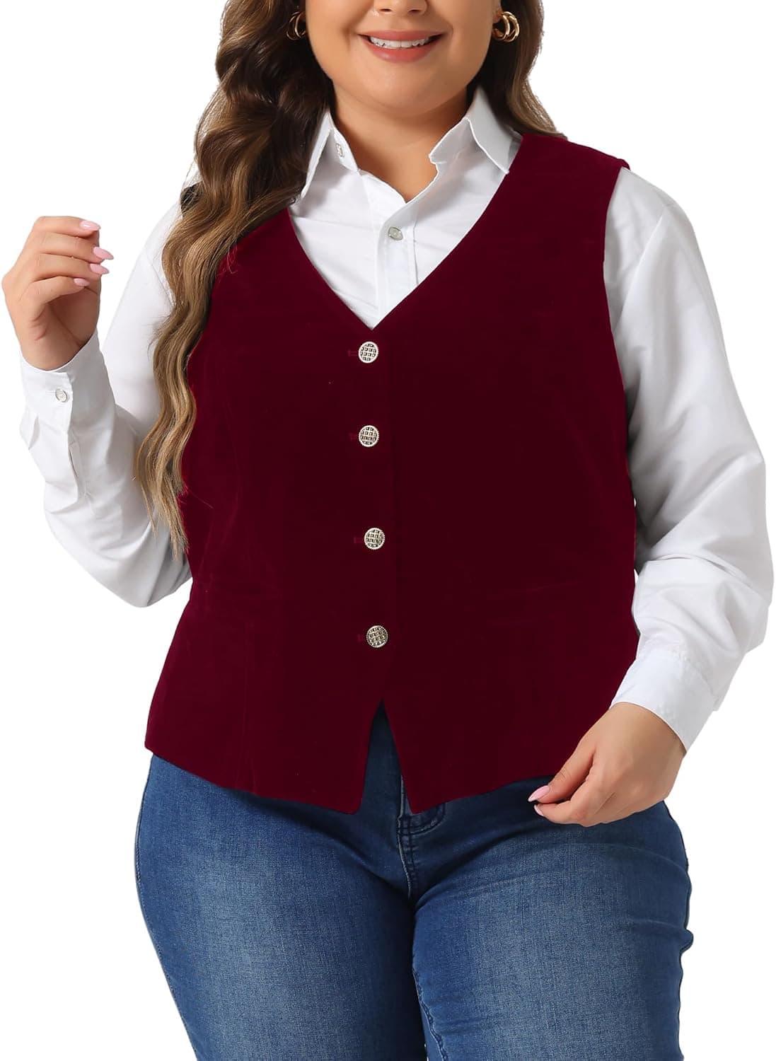 Burgundy velvet plus-size vest — up to 4X
