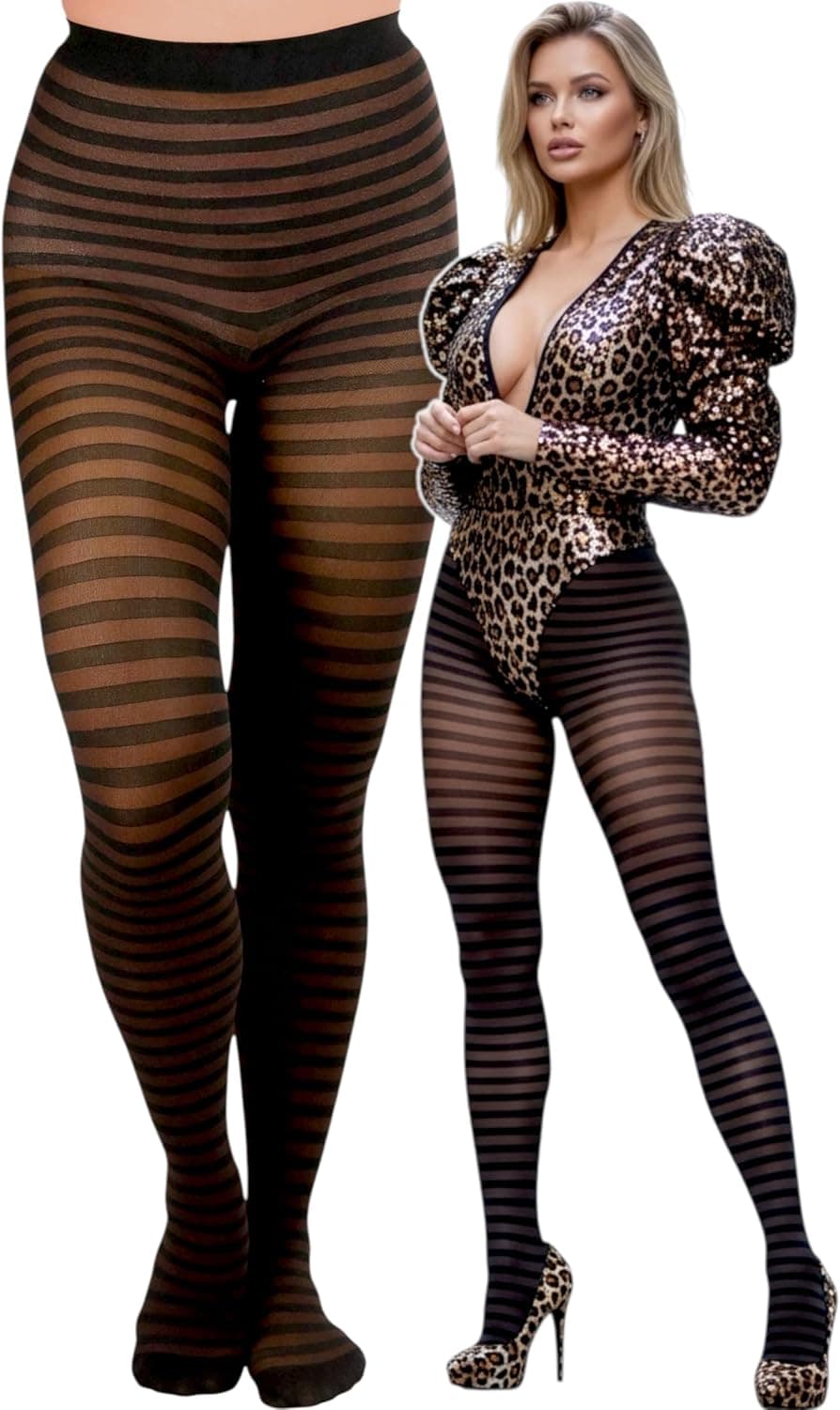Black-and-coffee striped tights — one-size plus