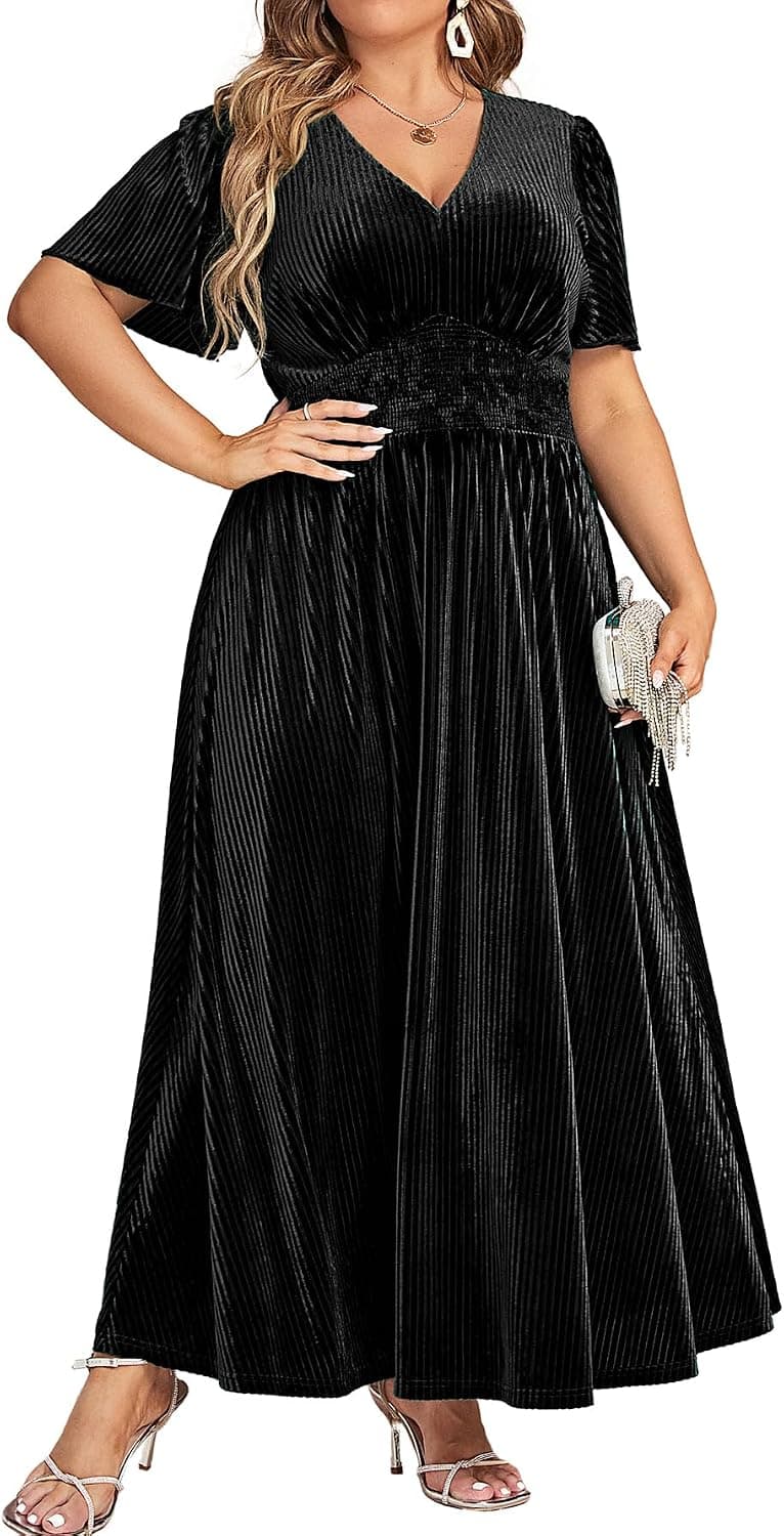 Black plus-size velvet maxi dress — up to 4X