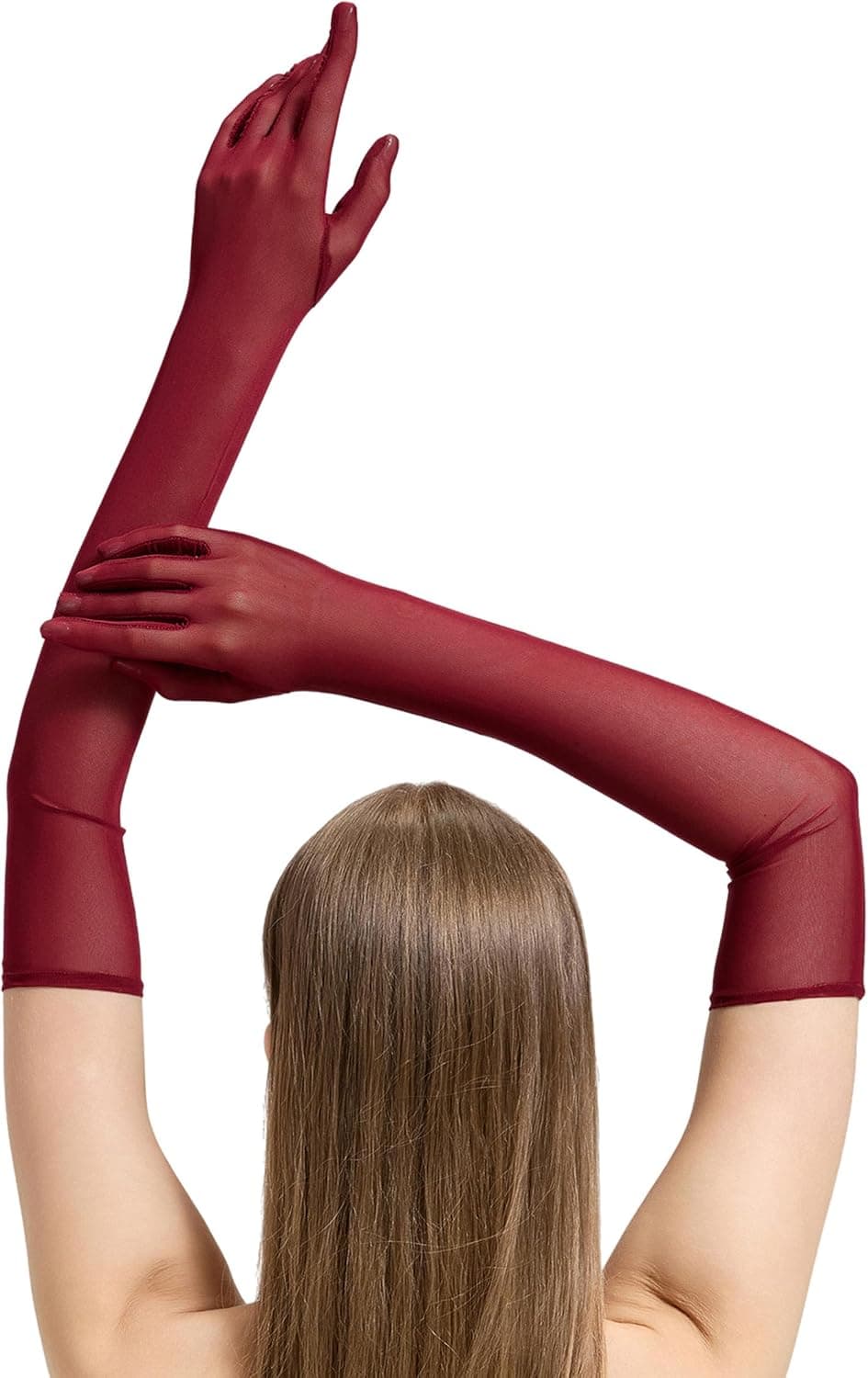 Burgundy sheer mesh opera gloves β 21-inch over-elbow