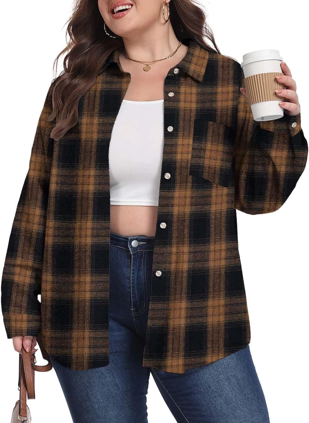 Brown plaid plus-size flannel shirt — 1X–5X