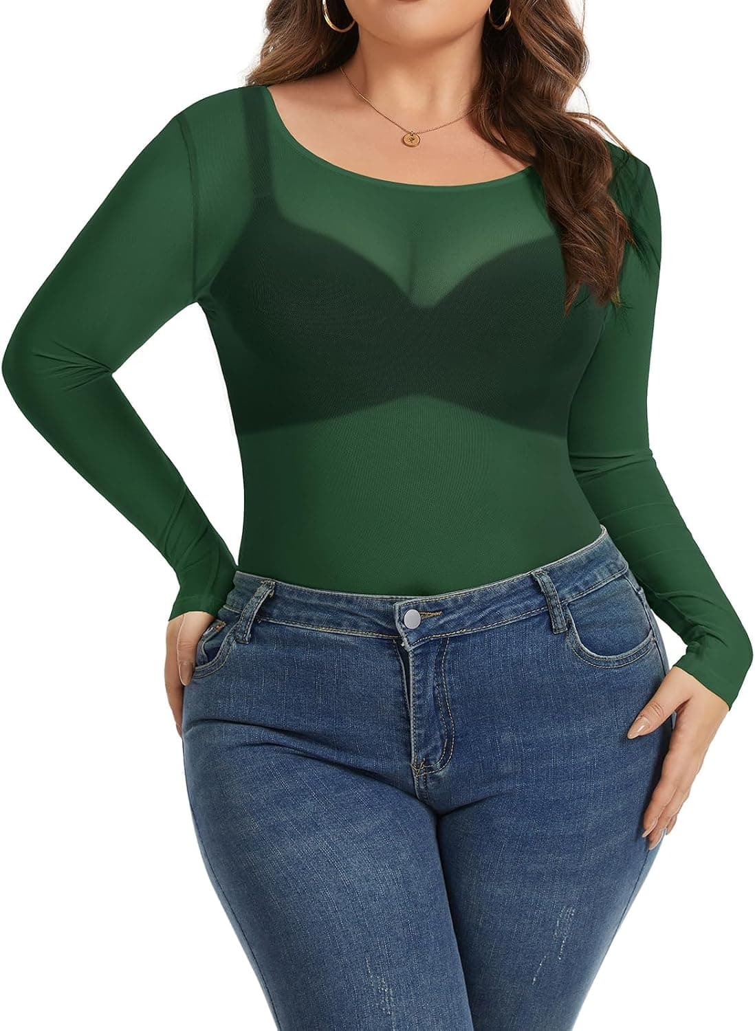Dark-green plus-size long-sleeve top — up to 5X