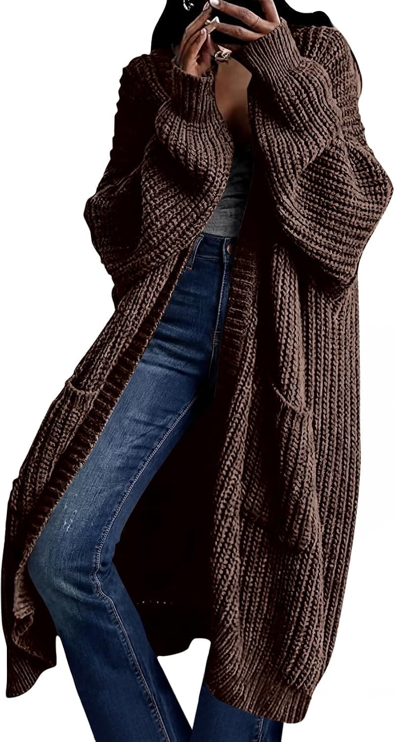 Coffee-brown long open duster cardigan β closest plus-size dark-brown coat, sizes Sβ5XL