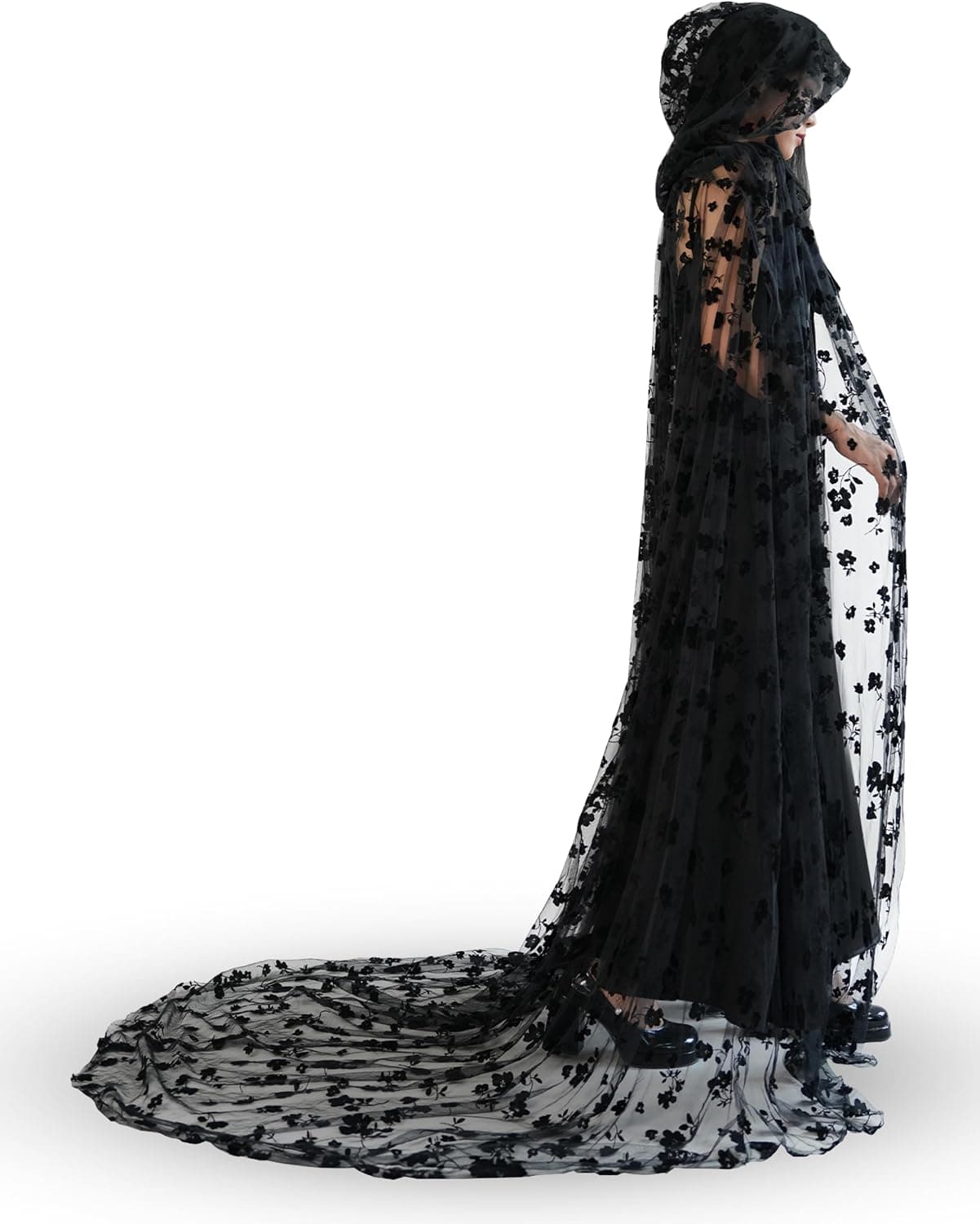 Black hooded lace-tulle sheer cape — plus-size fit