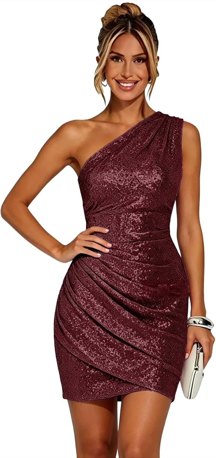 Burgundy one-shoulder short dress β closest bow-shoulder match, extended sizes 0β26; sequin finish rather than source velvet