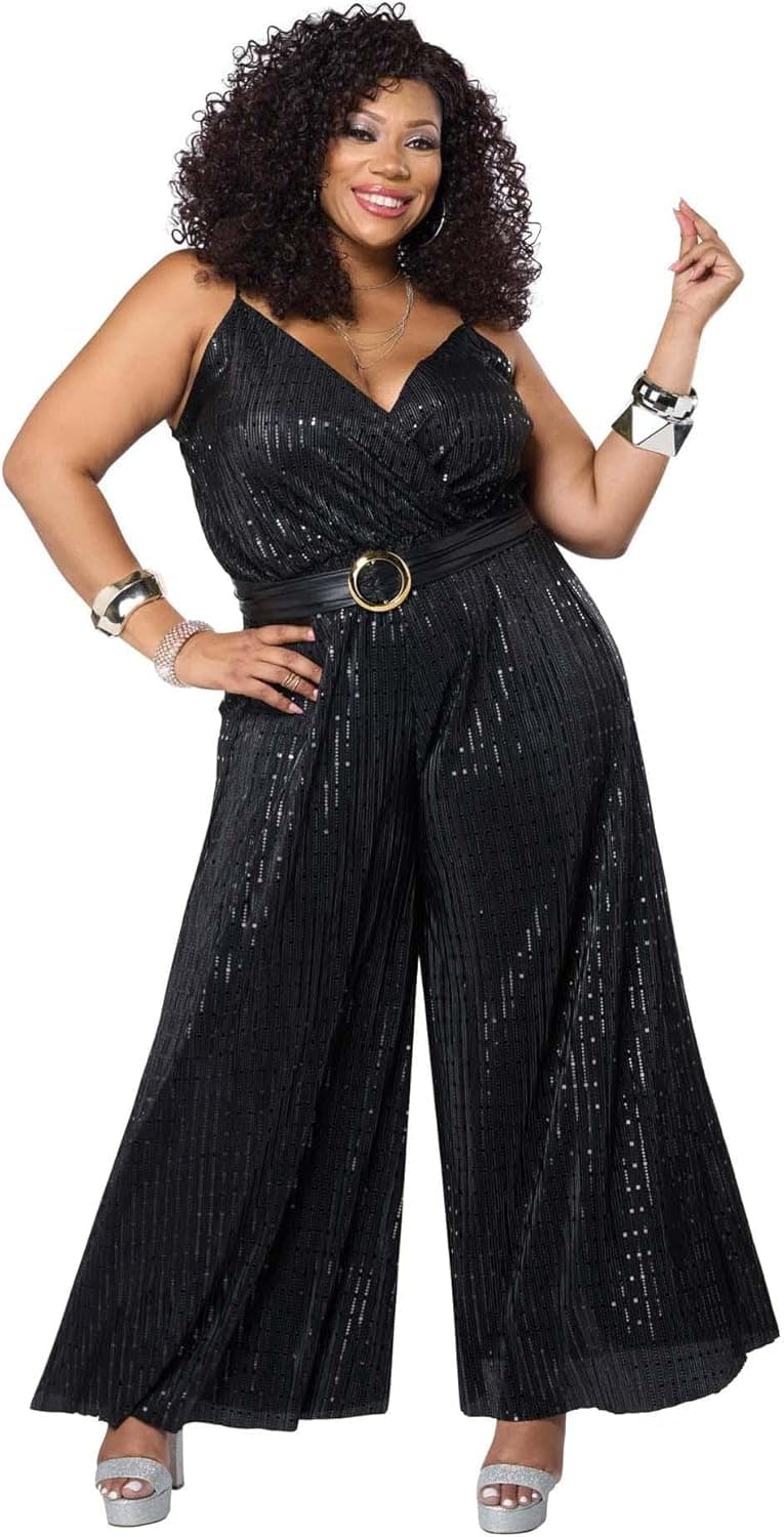 Silver disco jumpsuit with belt — plus sizes through 3X